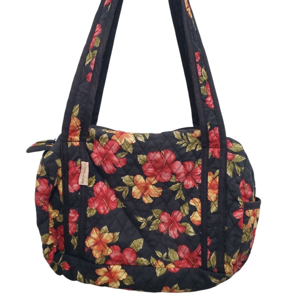Newport Beach CA Vintage‎ Black Hibiscus Quilted Hawaiian Shoulder Travel Purse